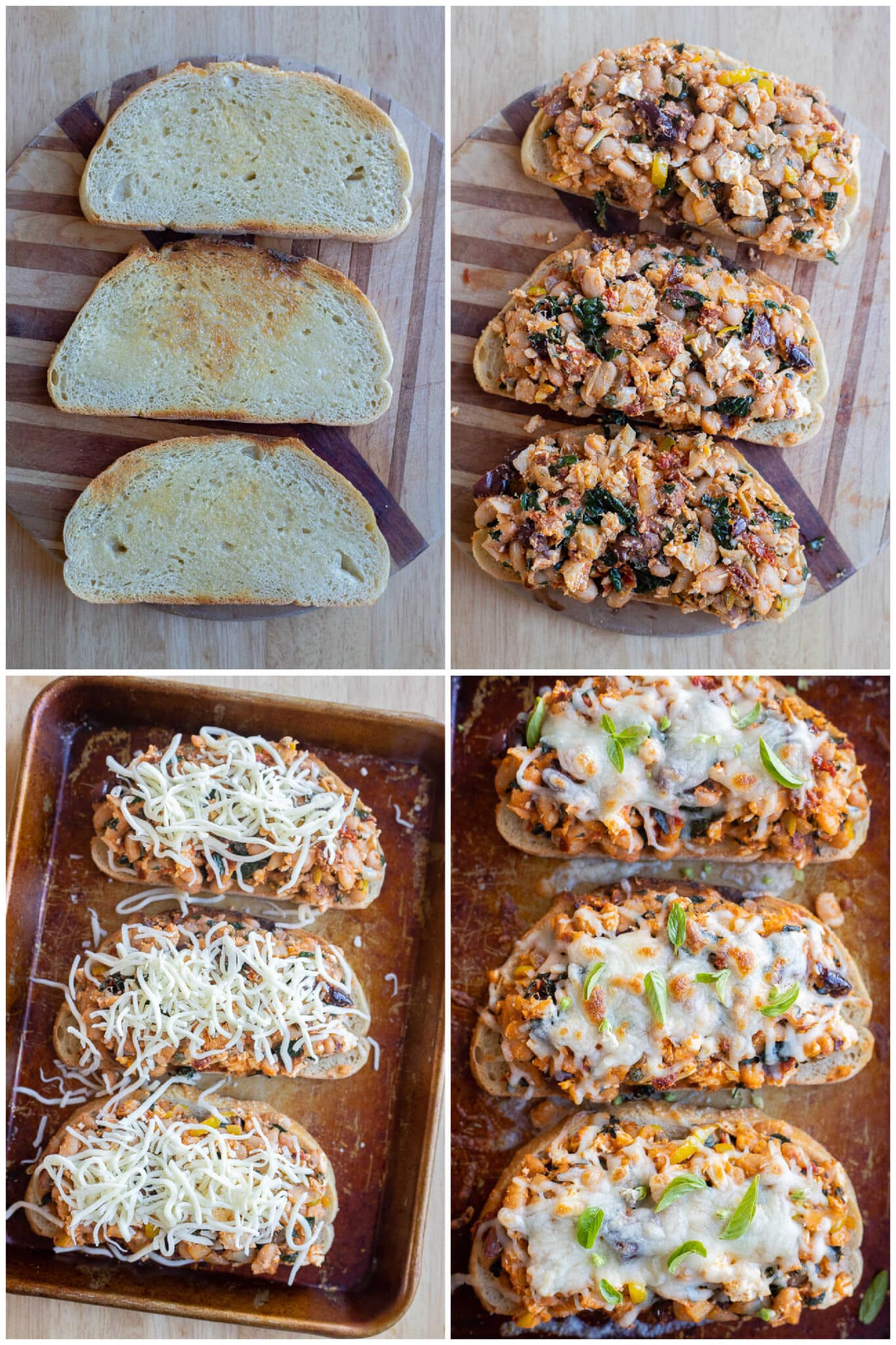 showing how to prepare the white bean toasts topped with mozzarella cheese