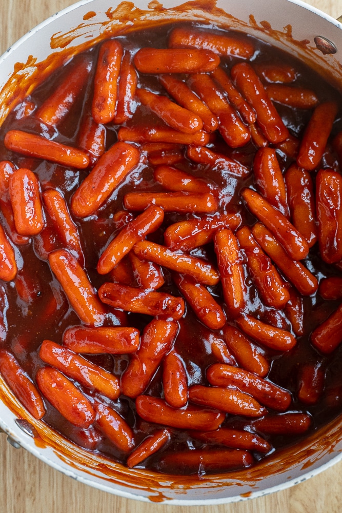 vegetarian little smokies in a pan with bbq sauce
