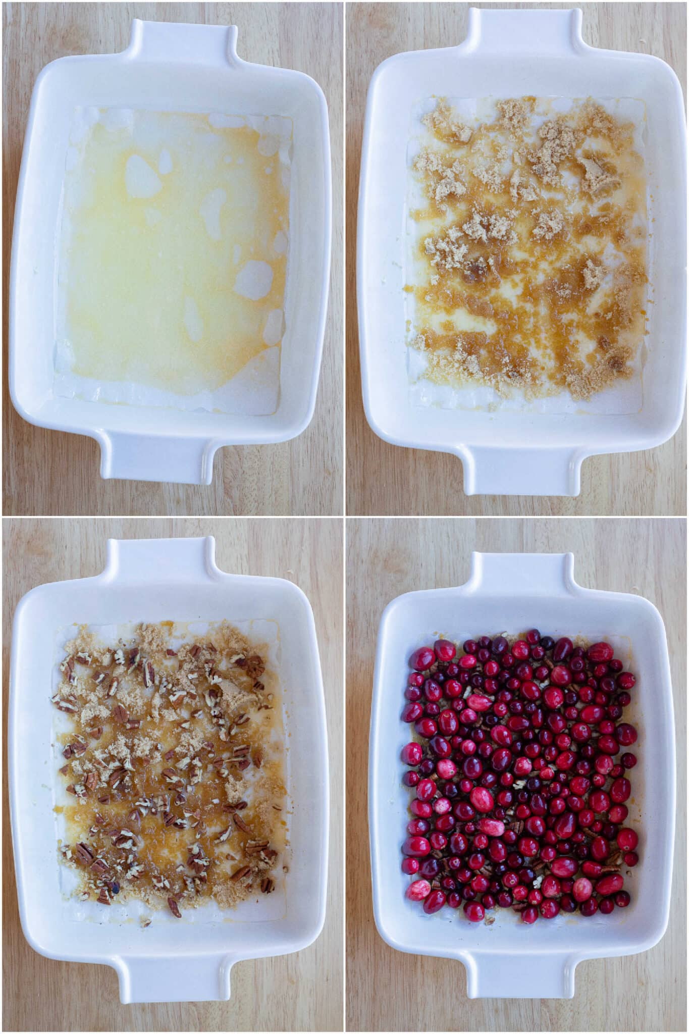 showing how to set up the cake pan with butter, brown sugar, nuts and cranberries