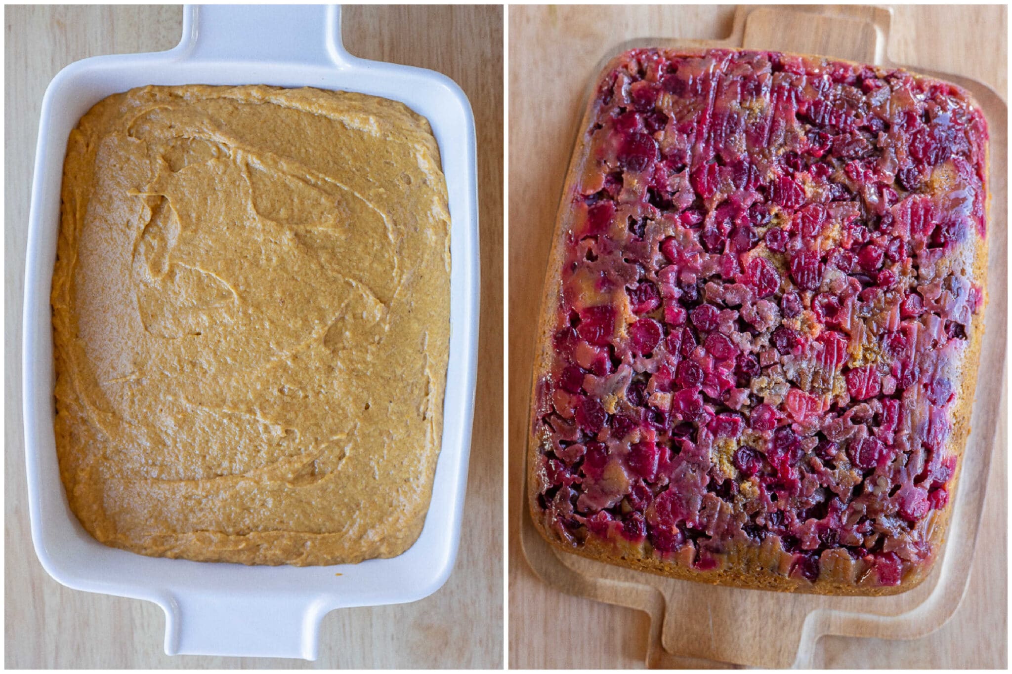 cranberry upside down pumpkin cake before and after it has been baked in the oven