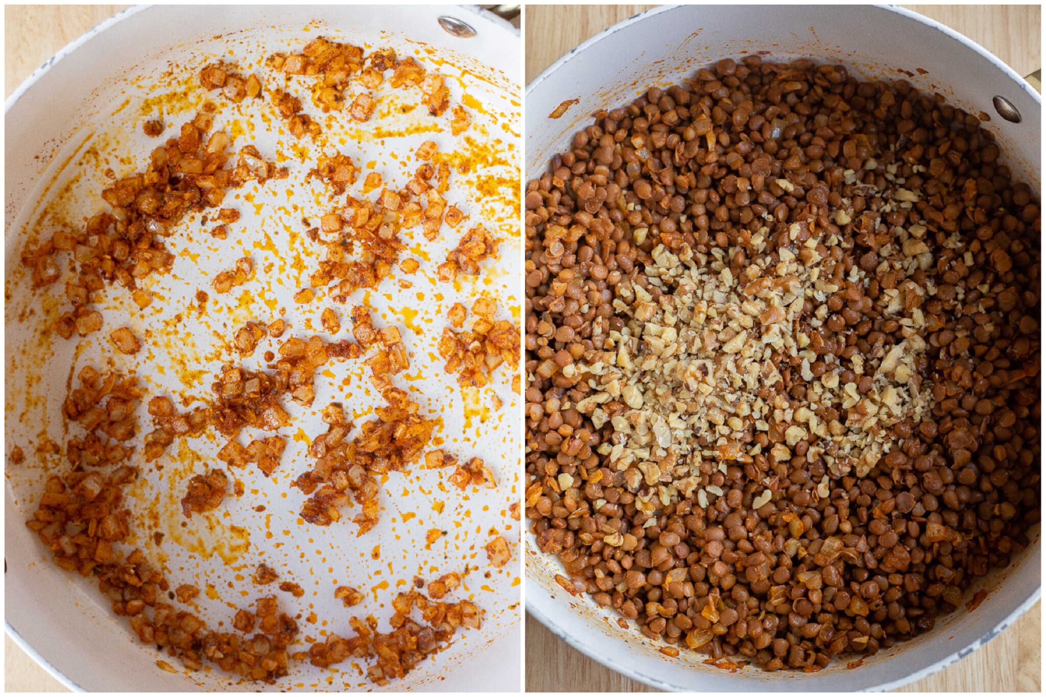 showing how to make the meaty lentil sauce with spices an walnuts