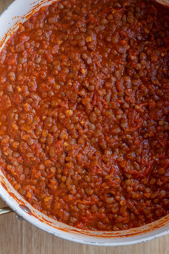 Meaty lentil sauce in a pan