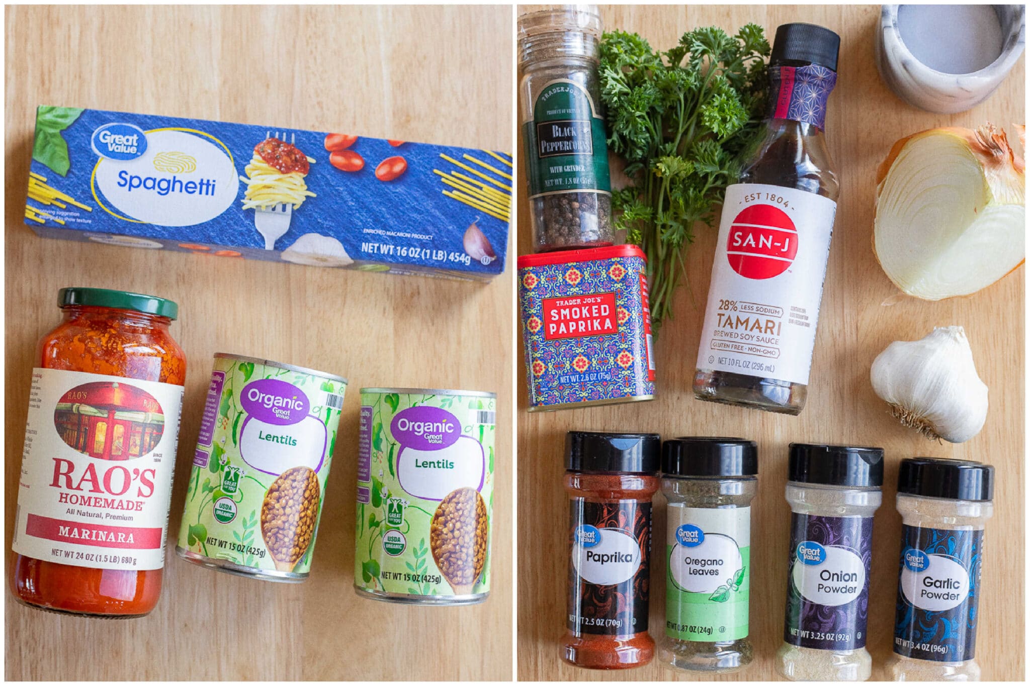 showing all the ingredients needed to make this flavorful and cozy vegetarian spaghetti dinner