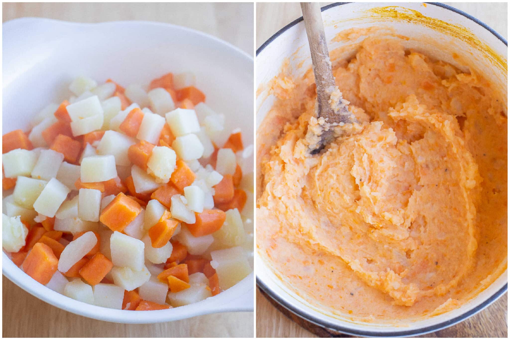 showing how to make the sweet potato and regular potato mash