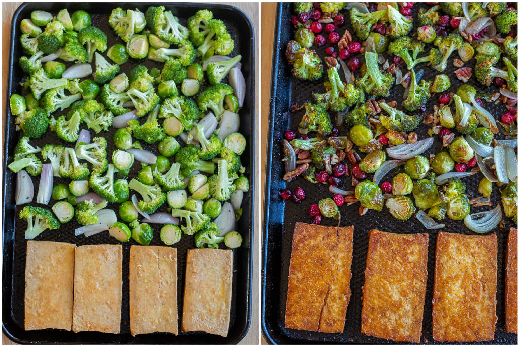 the tofu and vegetables before and after they have been baked