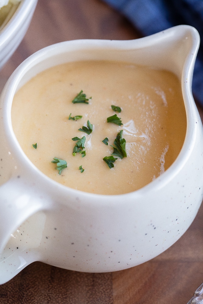 close up of a saucer of vegetarian gravy