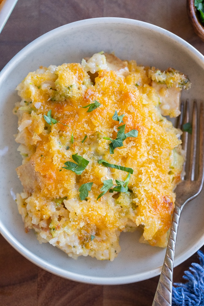 dinner bowl full of vegetarian cheesy broccoli rice casserole
