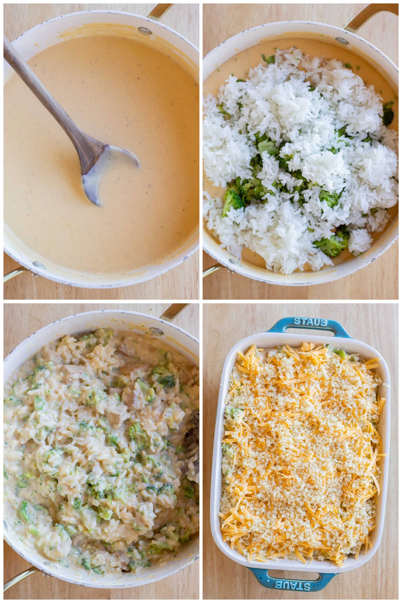 mixing all the ingredients with the cheese sauce and then placing them in an oven dish.