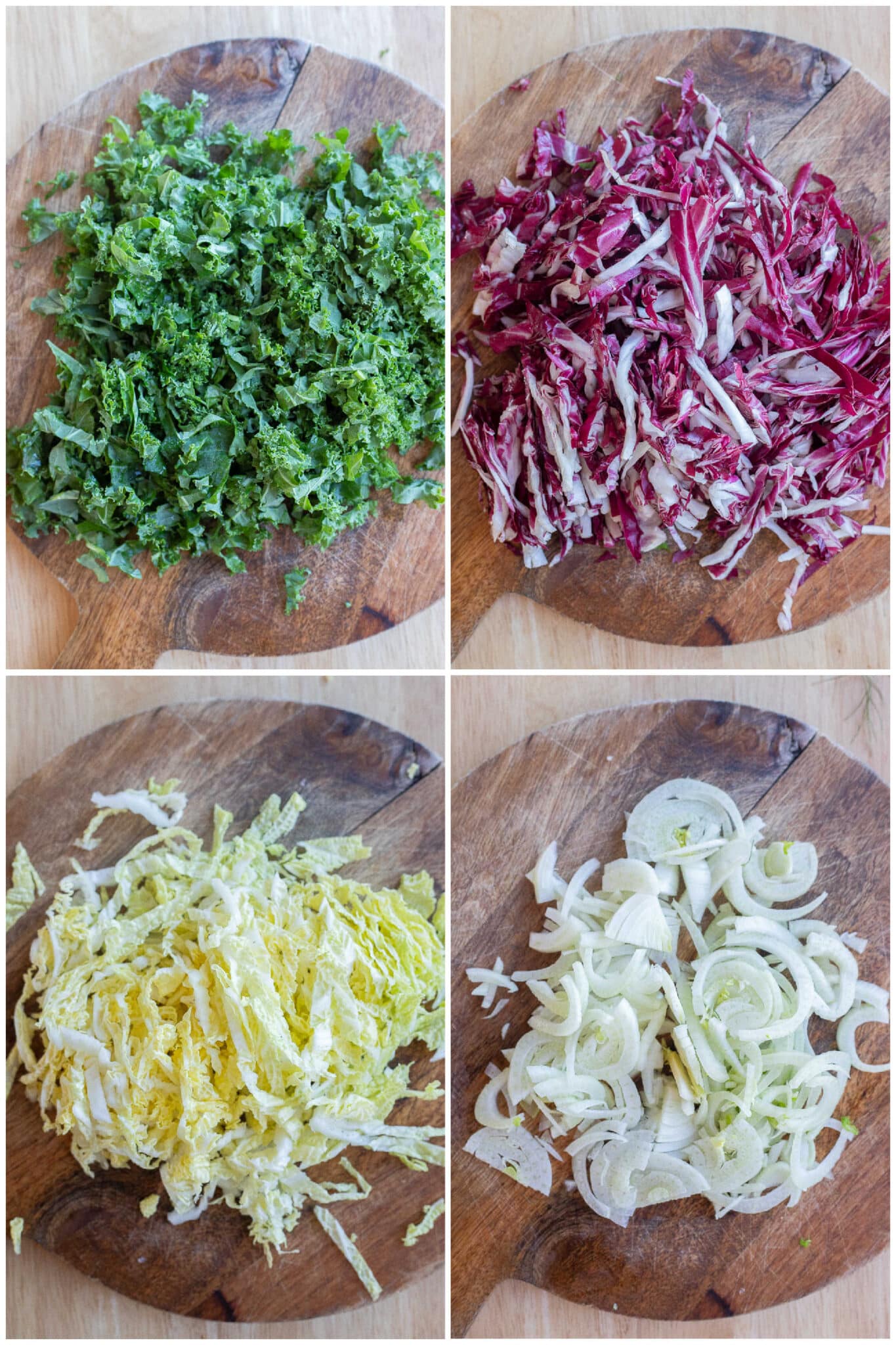 thinly sliced cabbage, kale and fennel on a cutting board