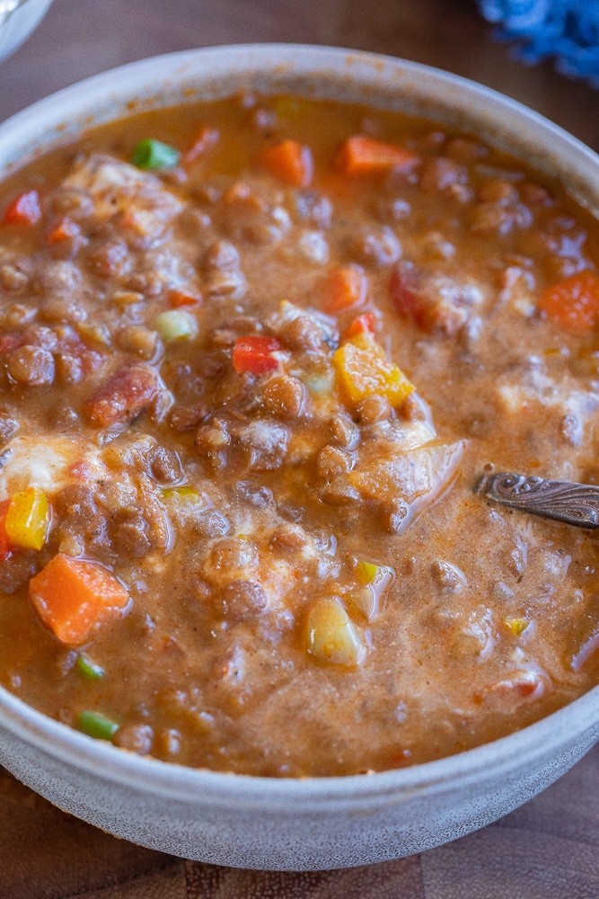 close up of a bowl of vegetarian Lentil chili with toppings mixed in