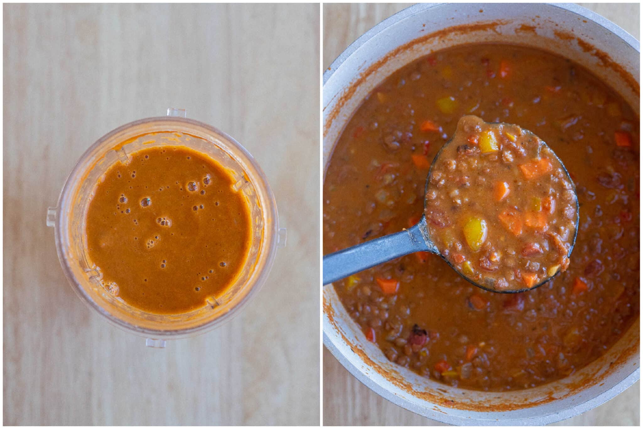 creamy lentil chili in a soup pot
