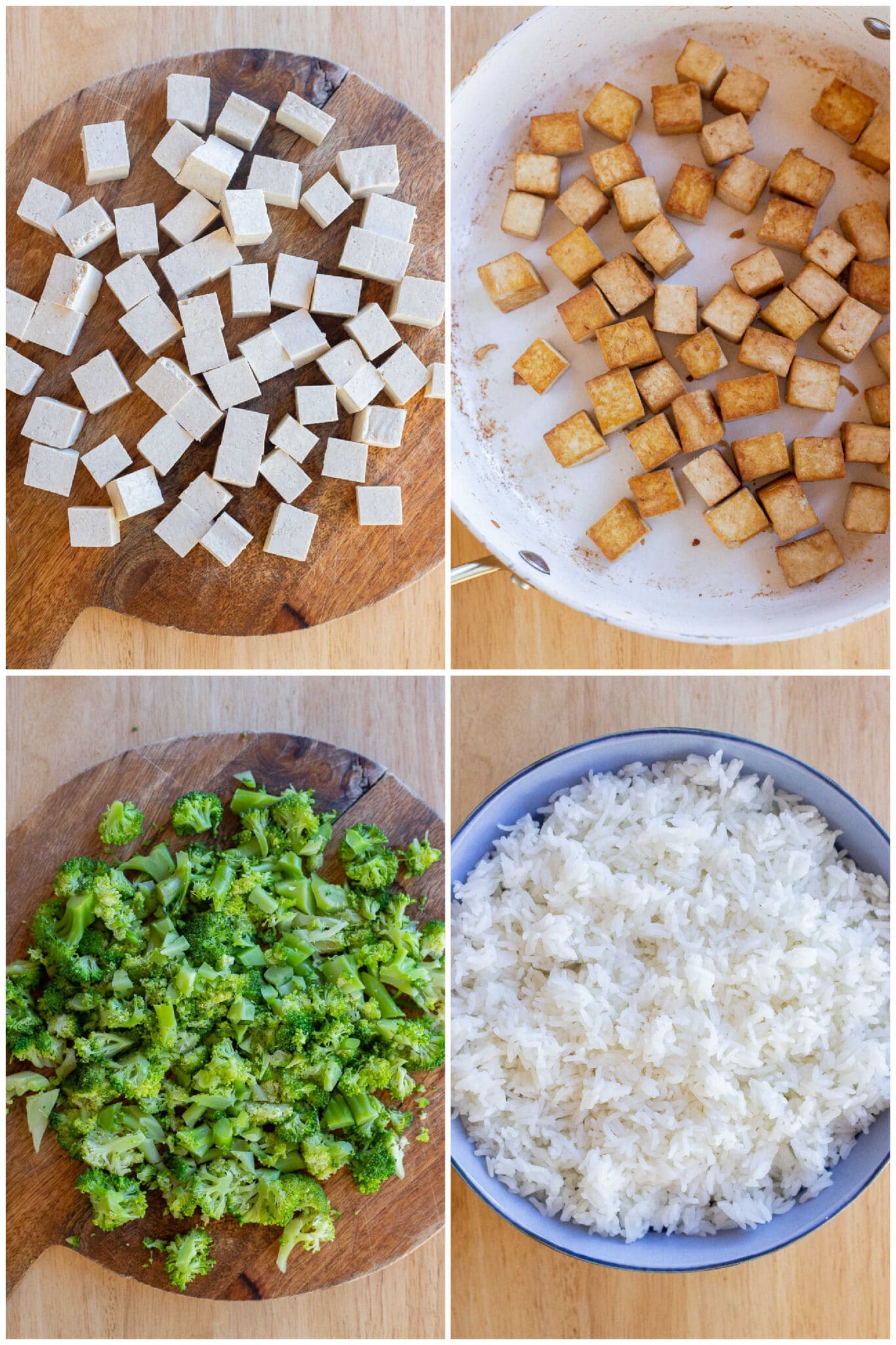 showing ingredients needed to make this cheesy broccoli rice casserole with tofu