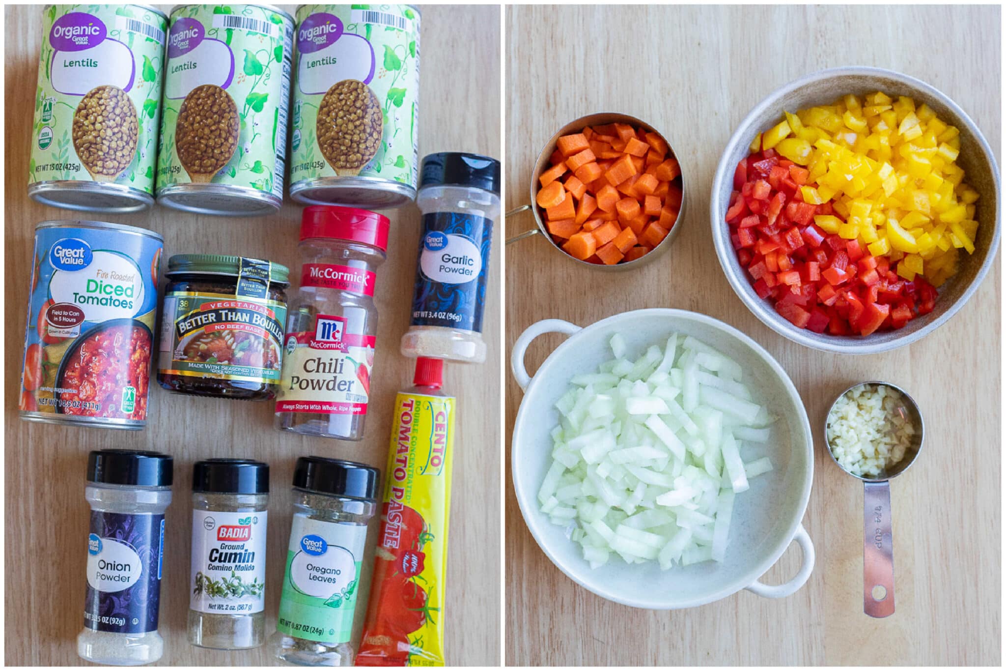 Showing all the ingredients needed to make this vegetarian lentil chili recipe
