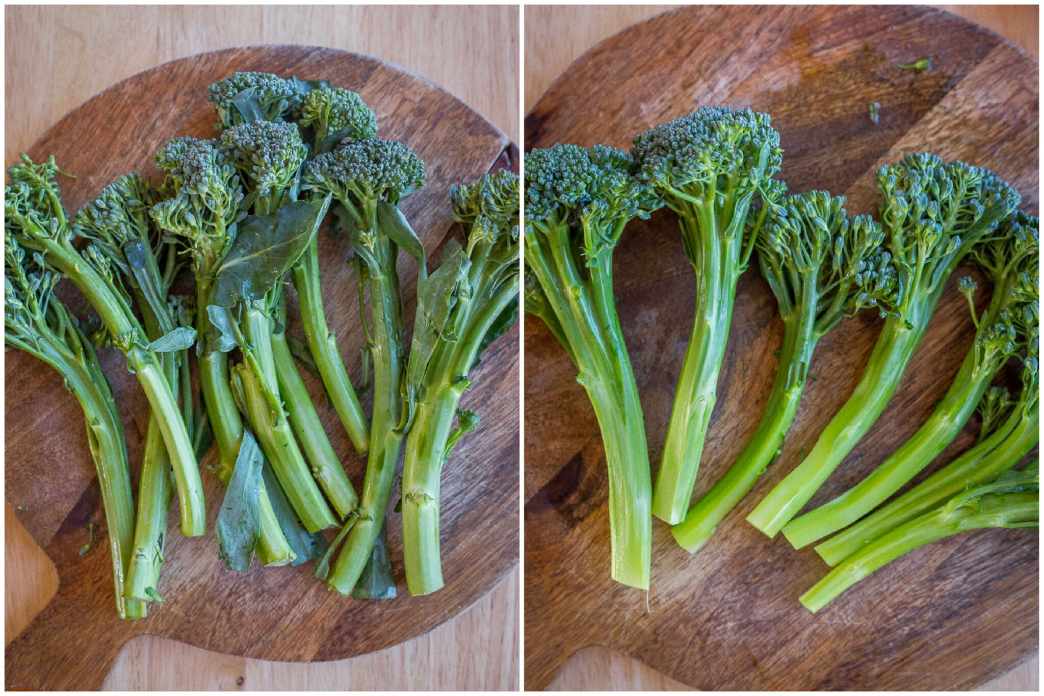 broccolini before and after it has been washed and peeled