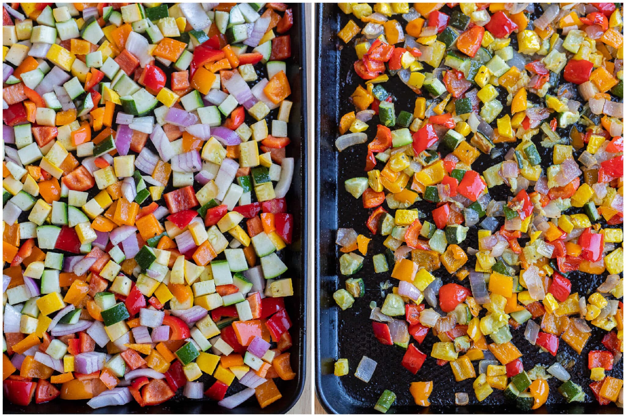 showing roasted vegetables before and after they've been in the oven