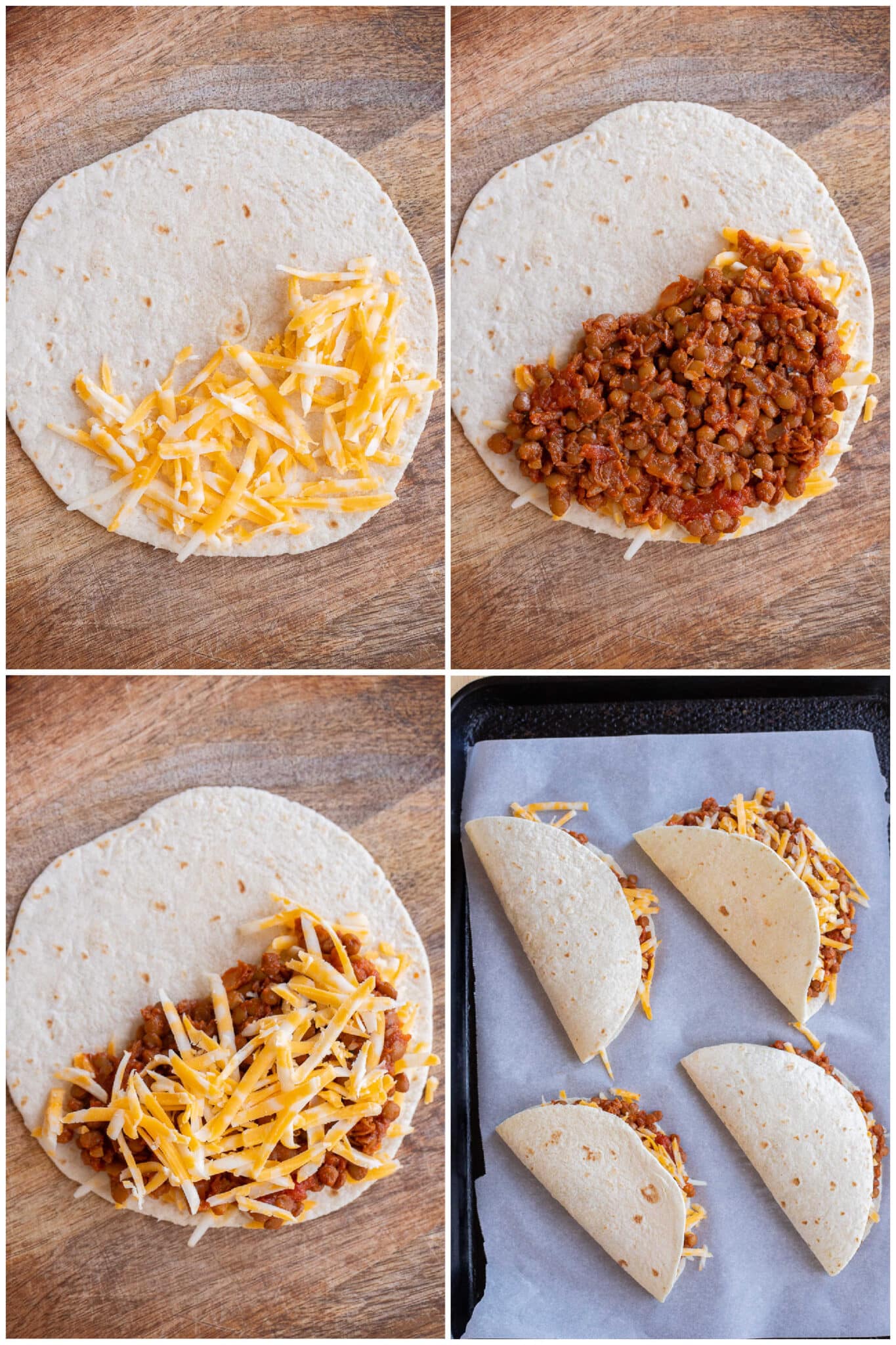 showing how to assemble the cheesy baked lentil tacos