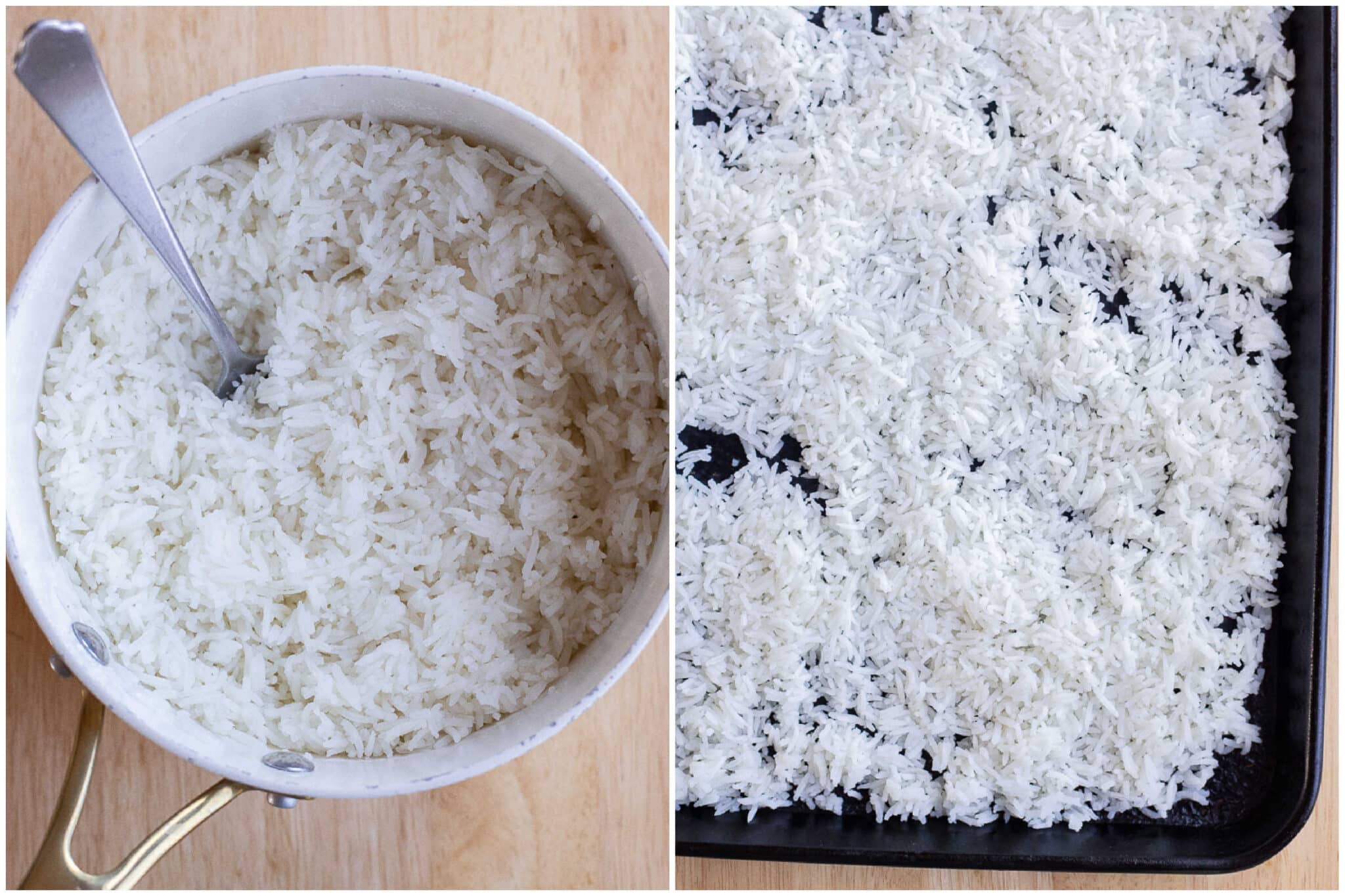 cooked rice in a pan and spread on a sheet pan