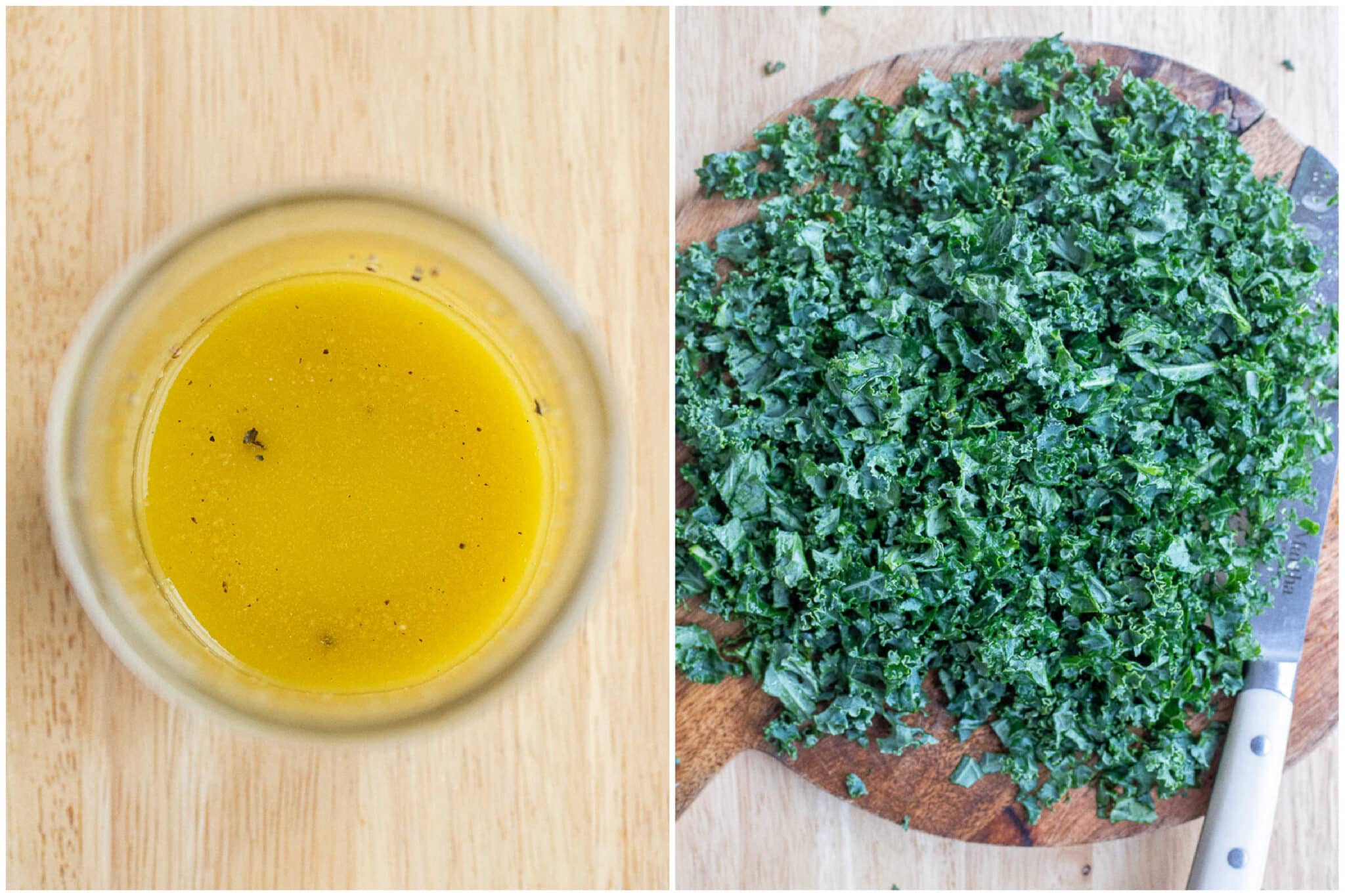 chopped kale and homemade dressing in a glass jar