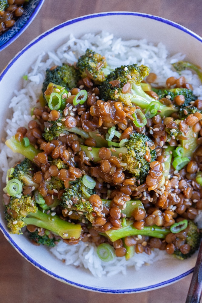 close up of a bowl of vegan beef and broccoli stir-fry