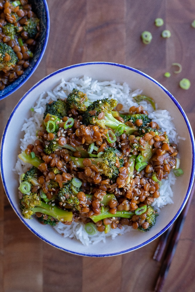 Dinner bowl full of rice, lentils and broccoli stir-fry