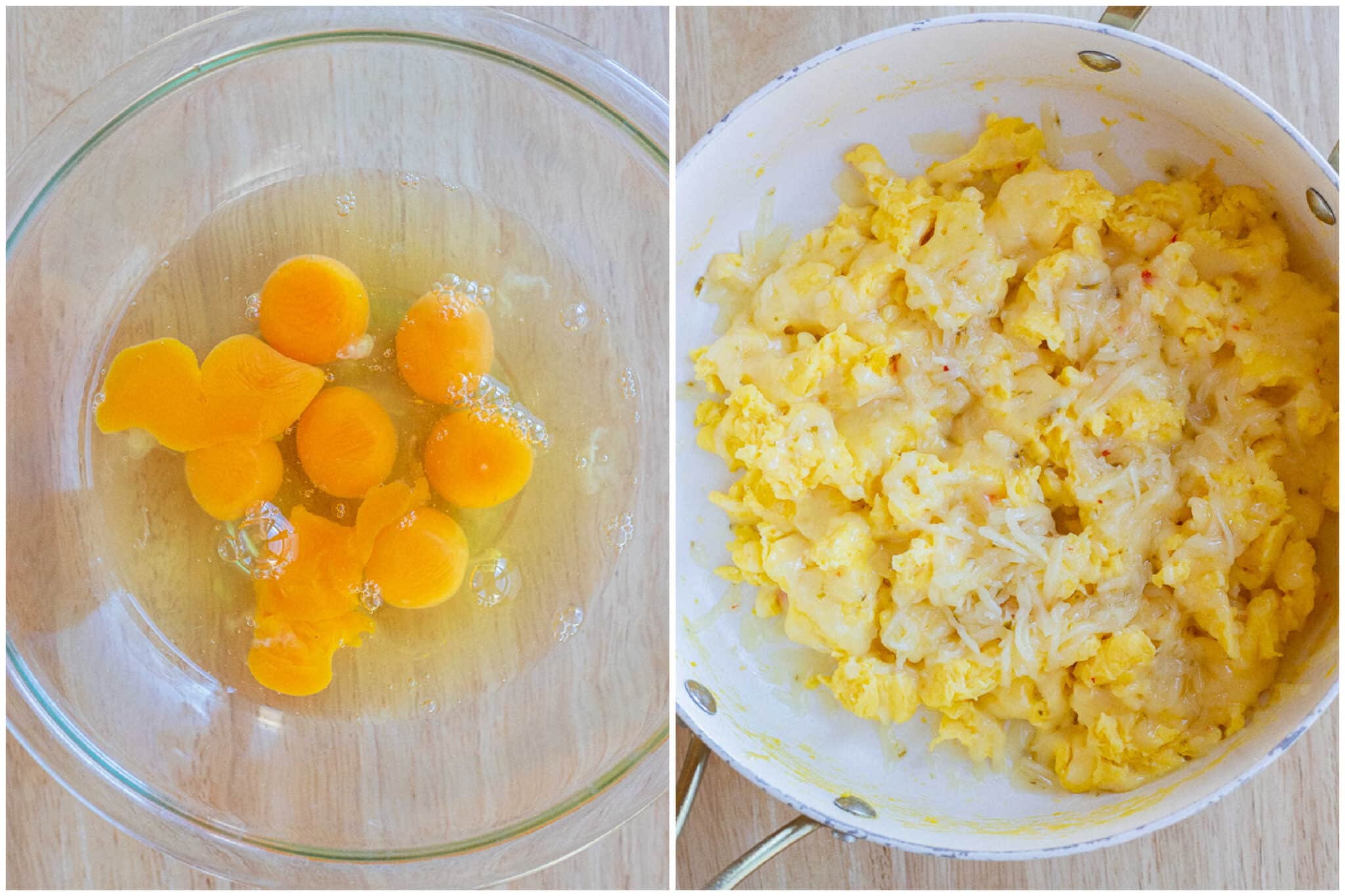 cheesy scrambled eggs in a pan