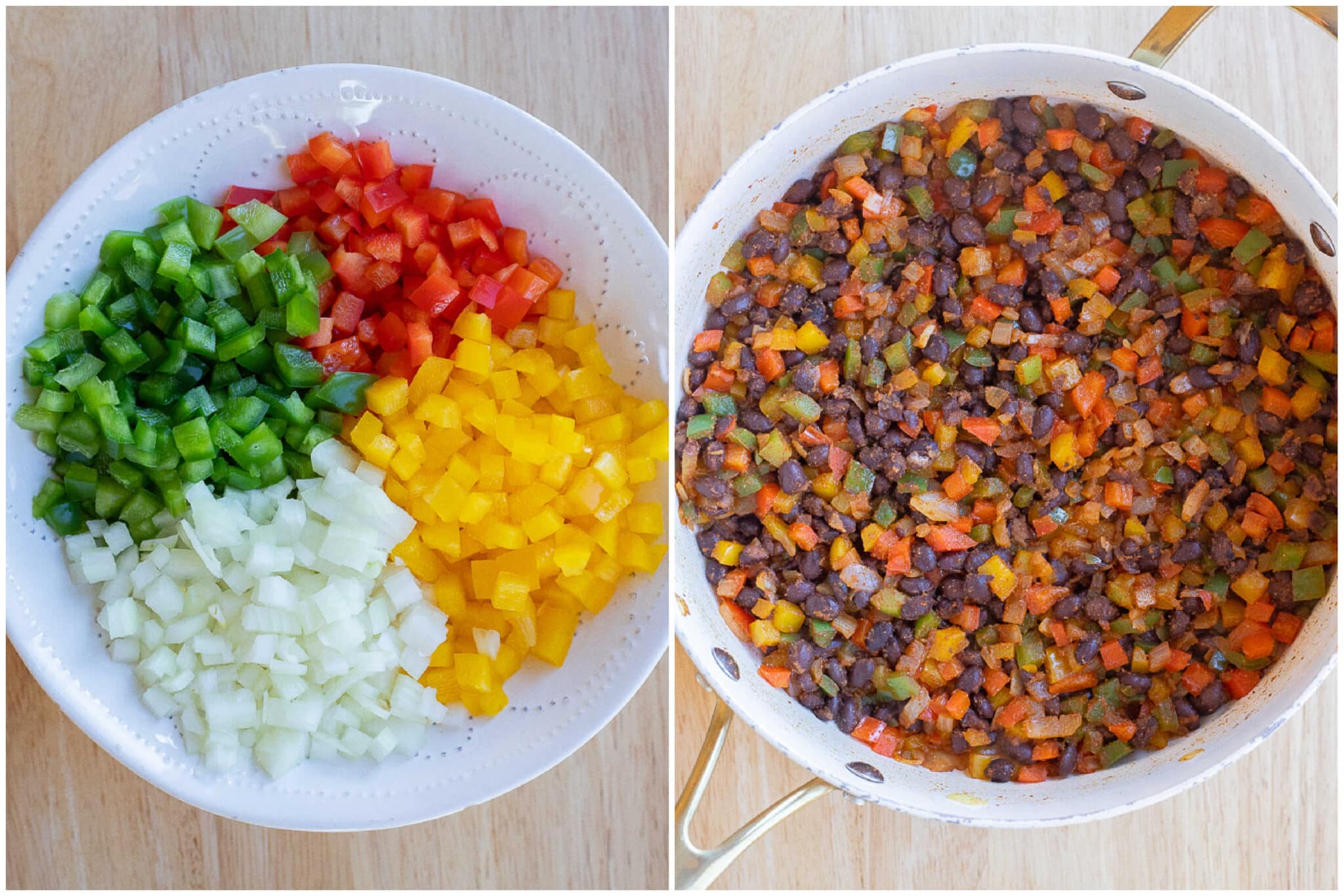 showing how to make the black bean fajita mixture with bell peppers and onion