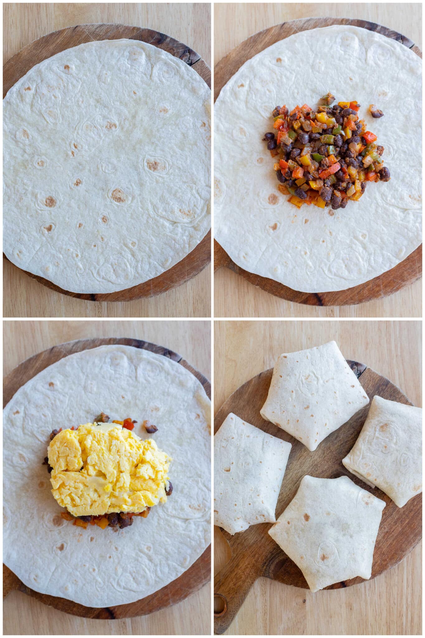showing how to assemble and fold these breakfast crunch wraps