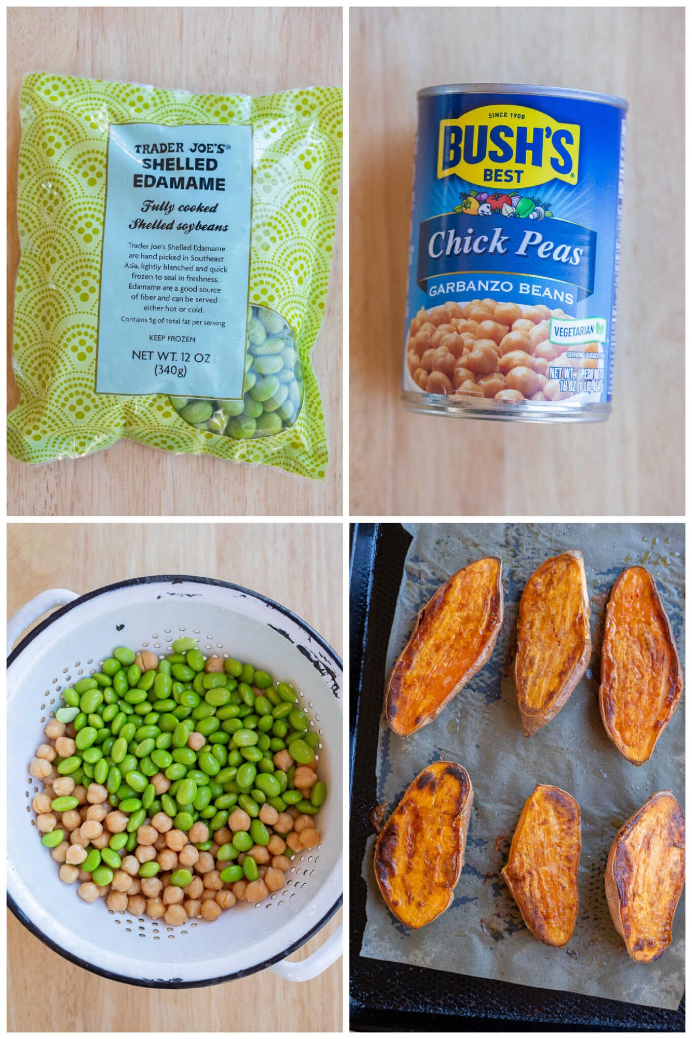 showing the ingredients for these teriyaki edamame chickpea stuffed sweet potatoes