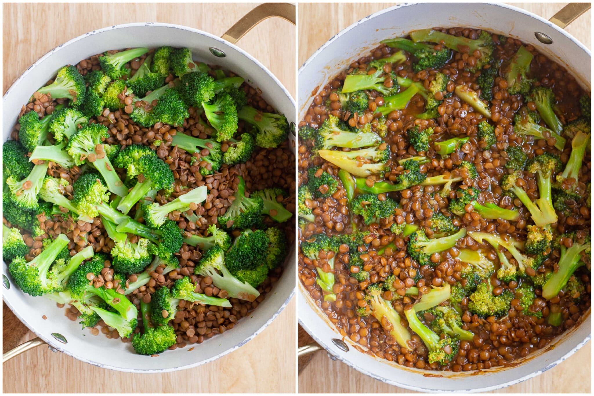 Lentil and broccoli stir fry in a pan