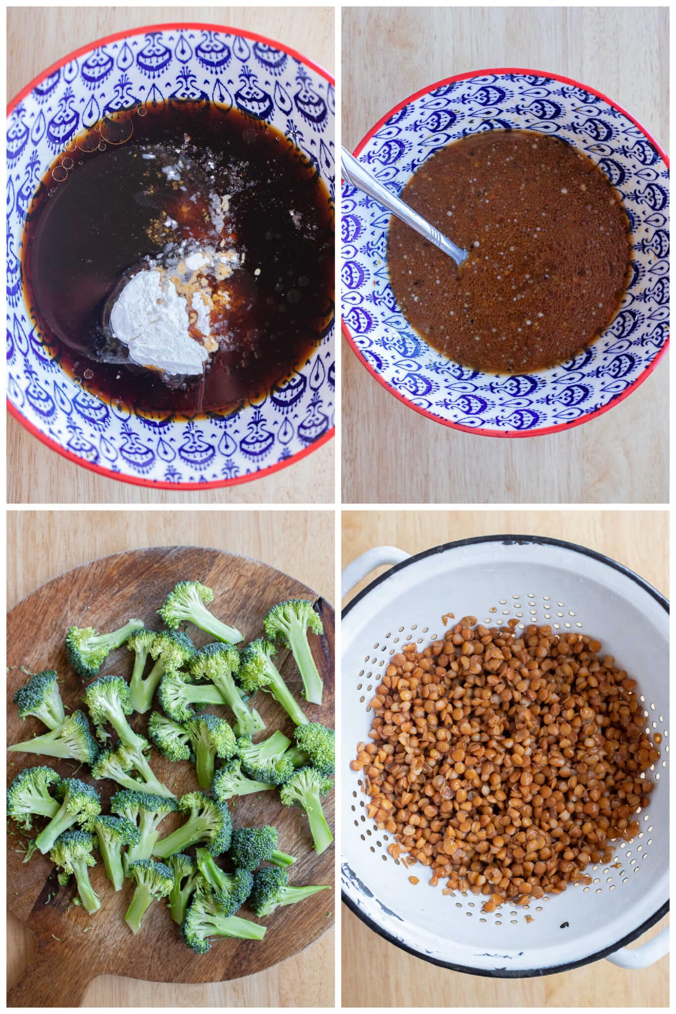 showing how to make the sauce for the broccoli and lentils