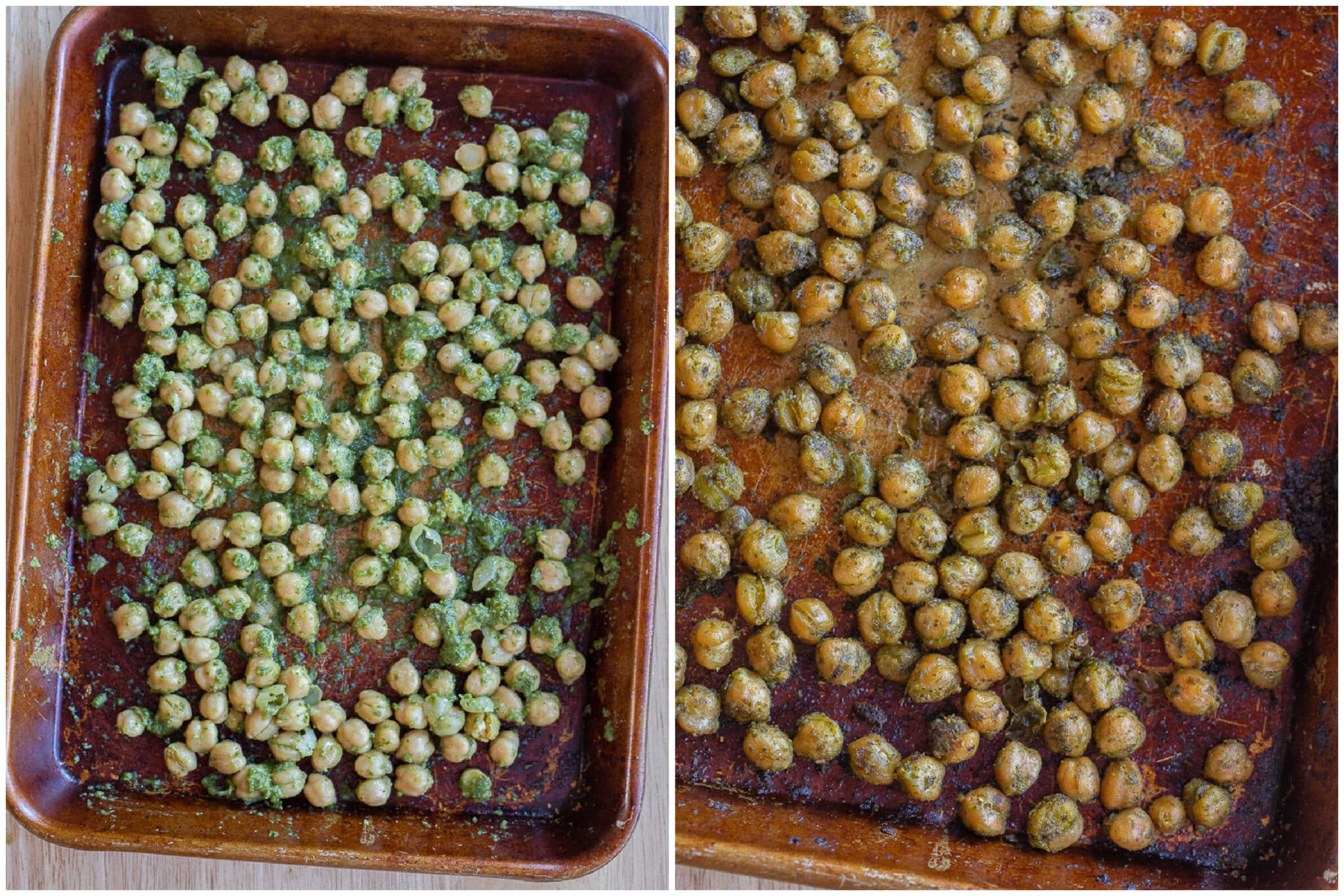 Pesto chickpeas before and after they have been roasted