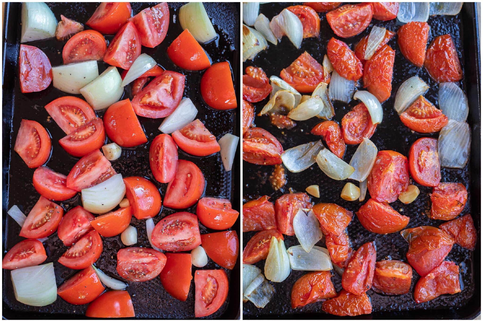 tomato, onion and garlic on a sheet pan before and after roasting in the oven