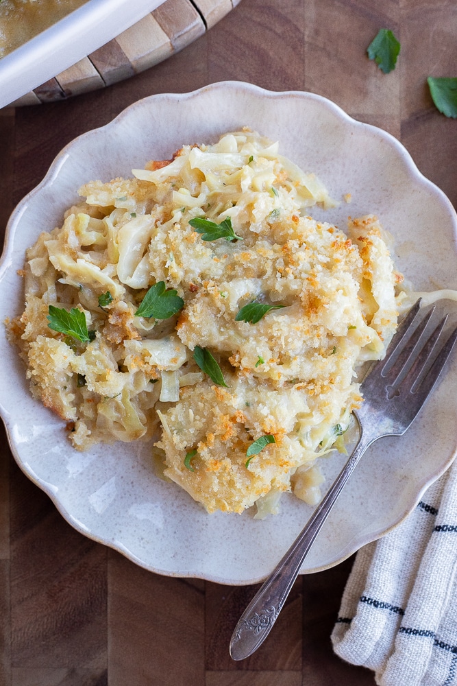 Plate full of cheesy cabbage gratin