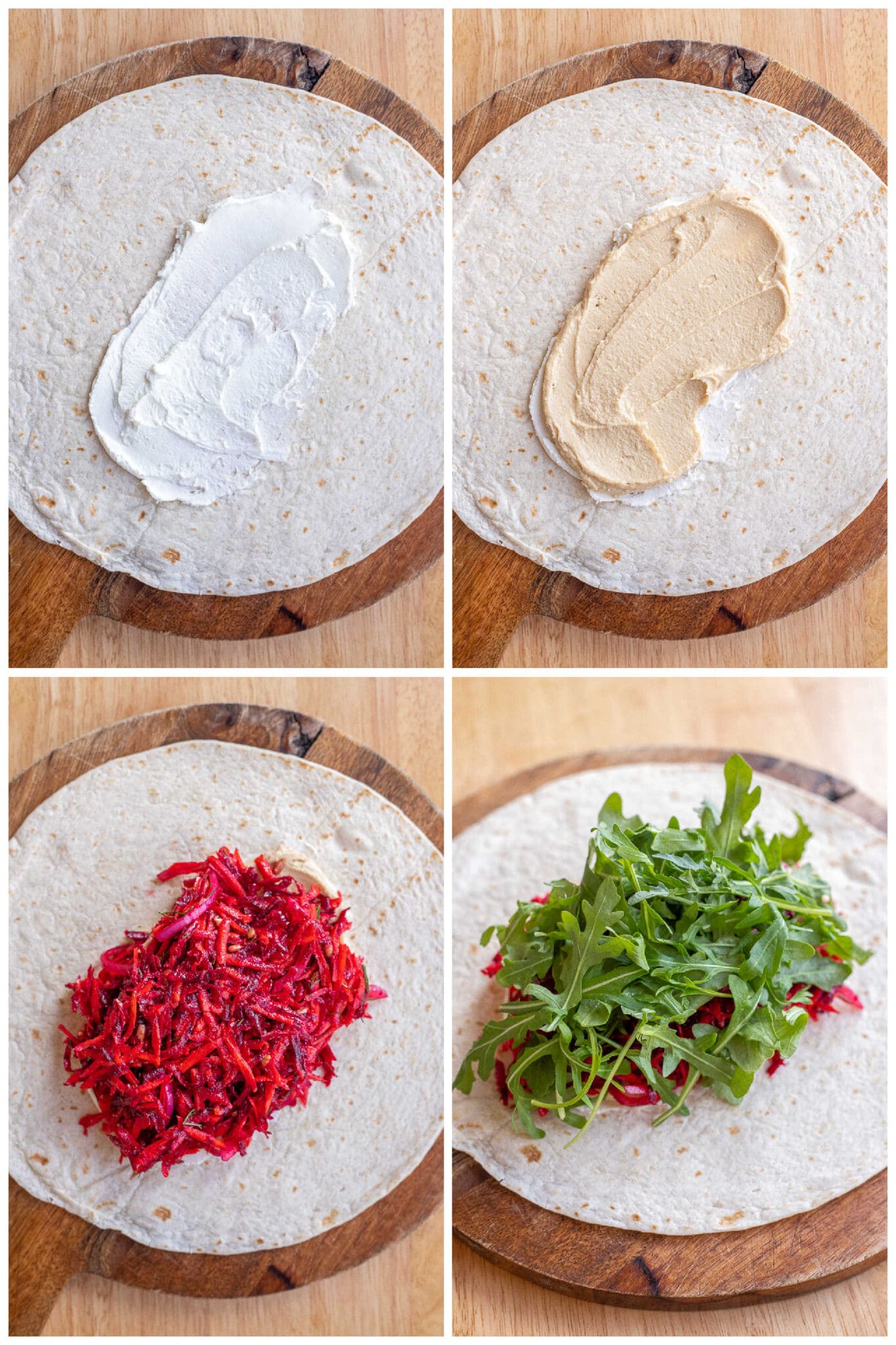 showing how to assemble these fresh and flavorful beet and carrot hummus wraps with goat cheese and arugula