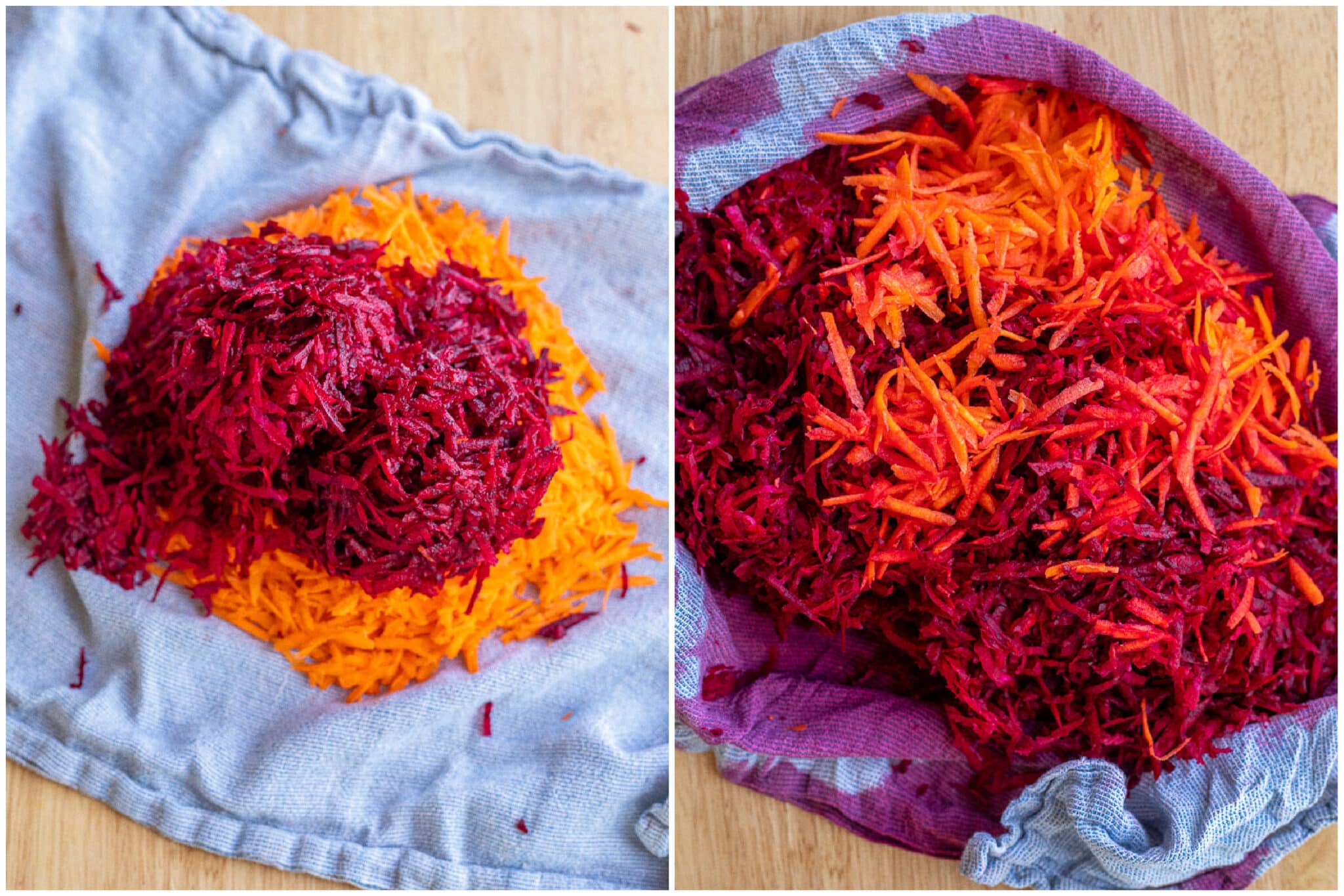 showing the water being squeezed out of the grated carrot and beets