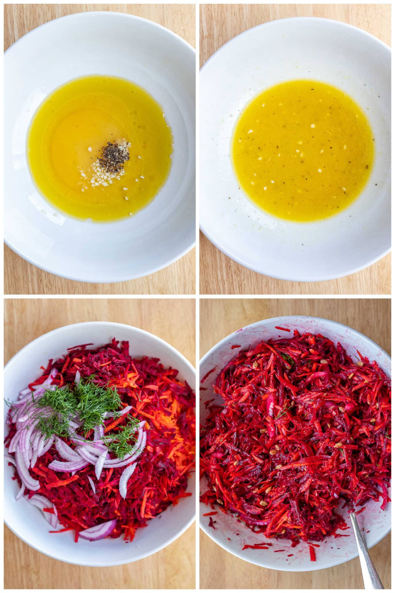 showing how to make the salad dressing and mix it into the carrot and beets