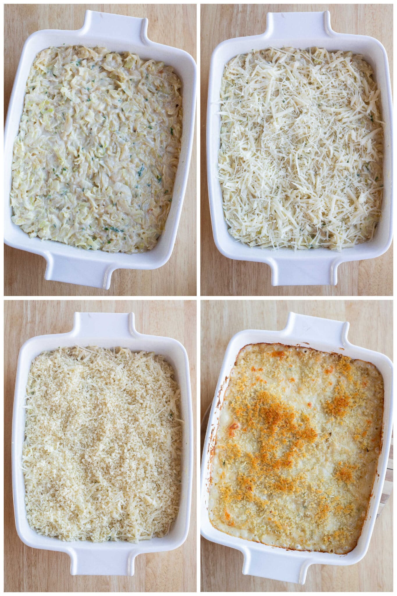 showing how to assemble the cheesy cabbage in the casserole dish