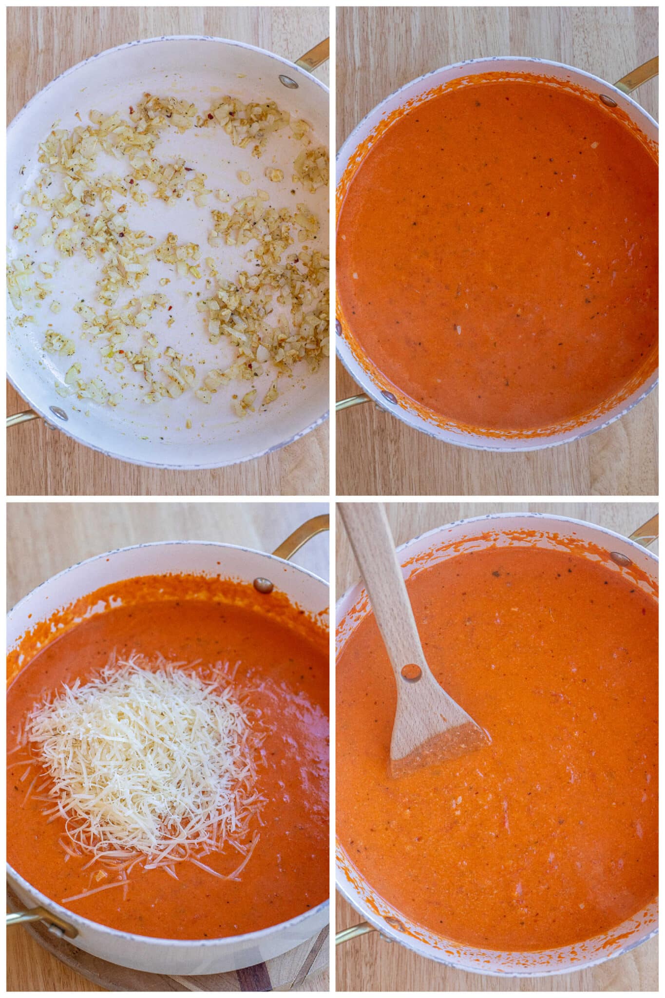 showing how to make the creamy tomato pasta sauce with parmesan and coconut milk