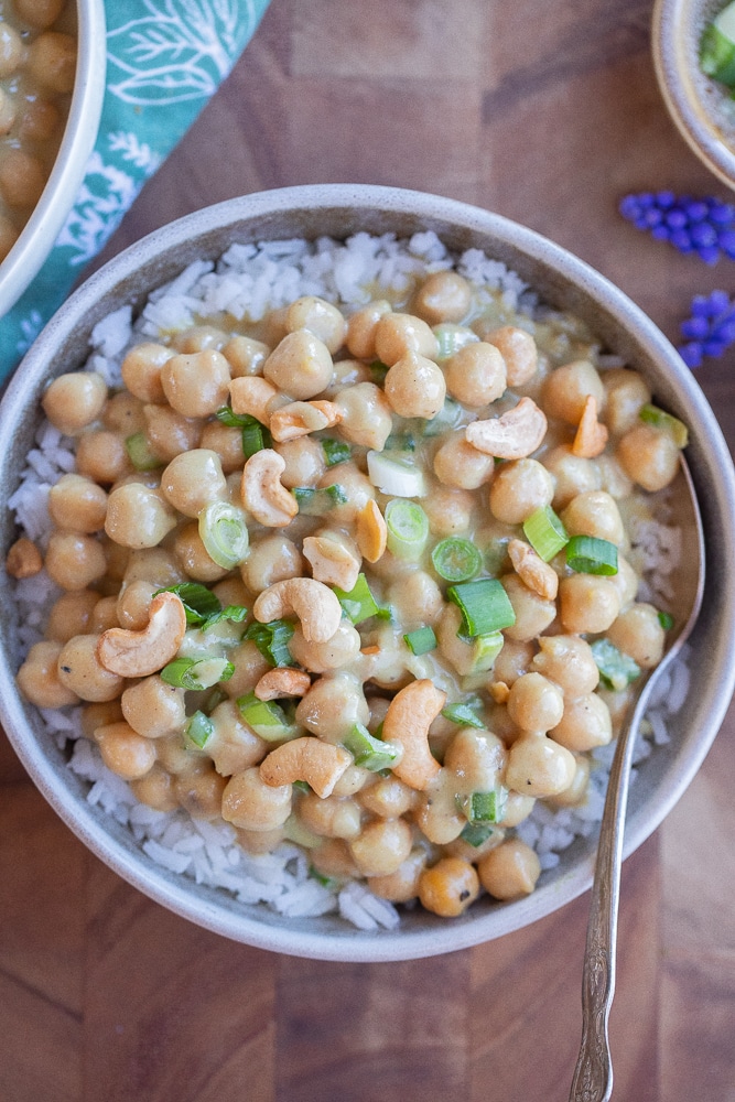 serving bowl with vegan curry chickpeas