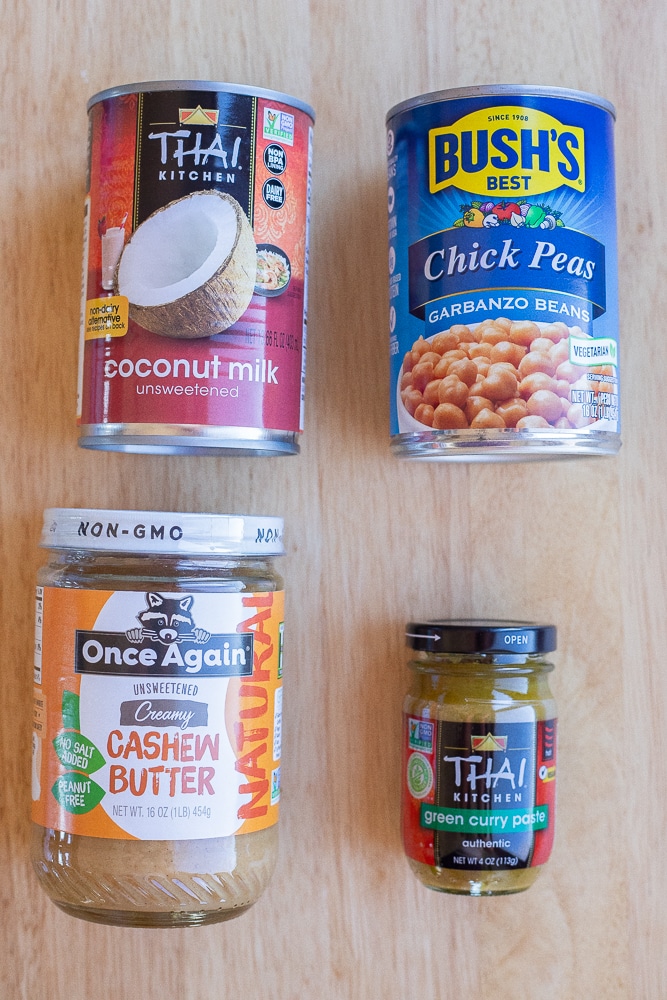 Showing the main ingredients needed to make this quick and easy vegan green curry