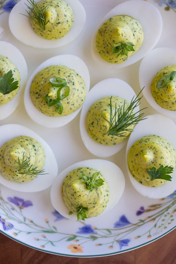 close up of a platter of deviled eggs