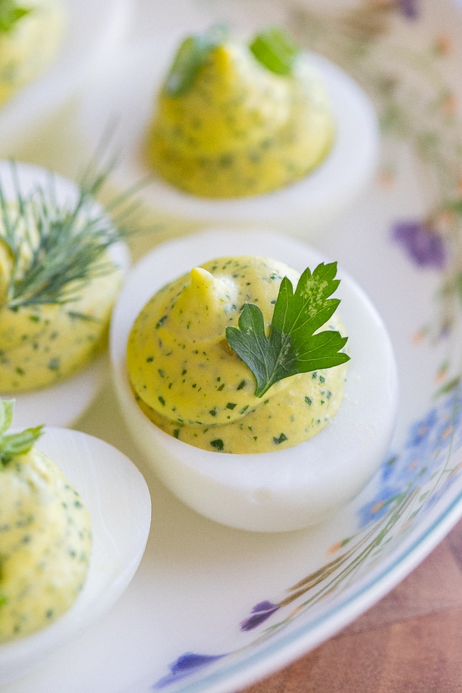 close up of a green goddess deviled egg