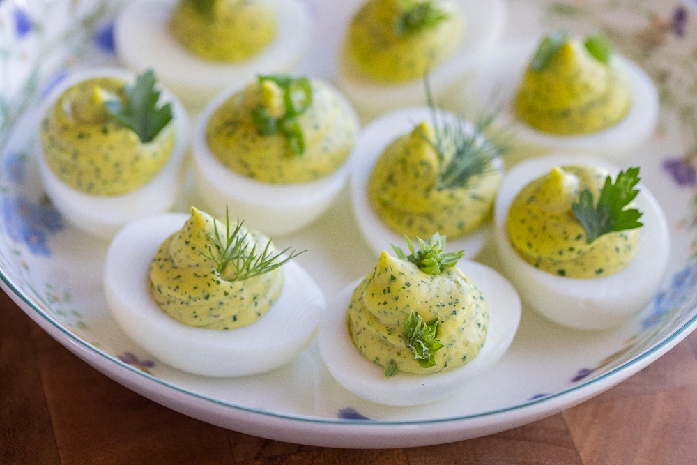 platter of spring herb deviled eggs