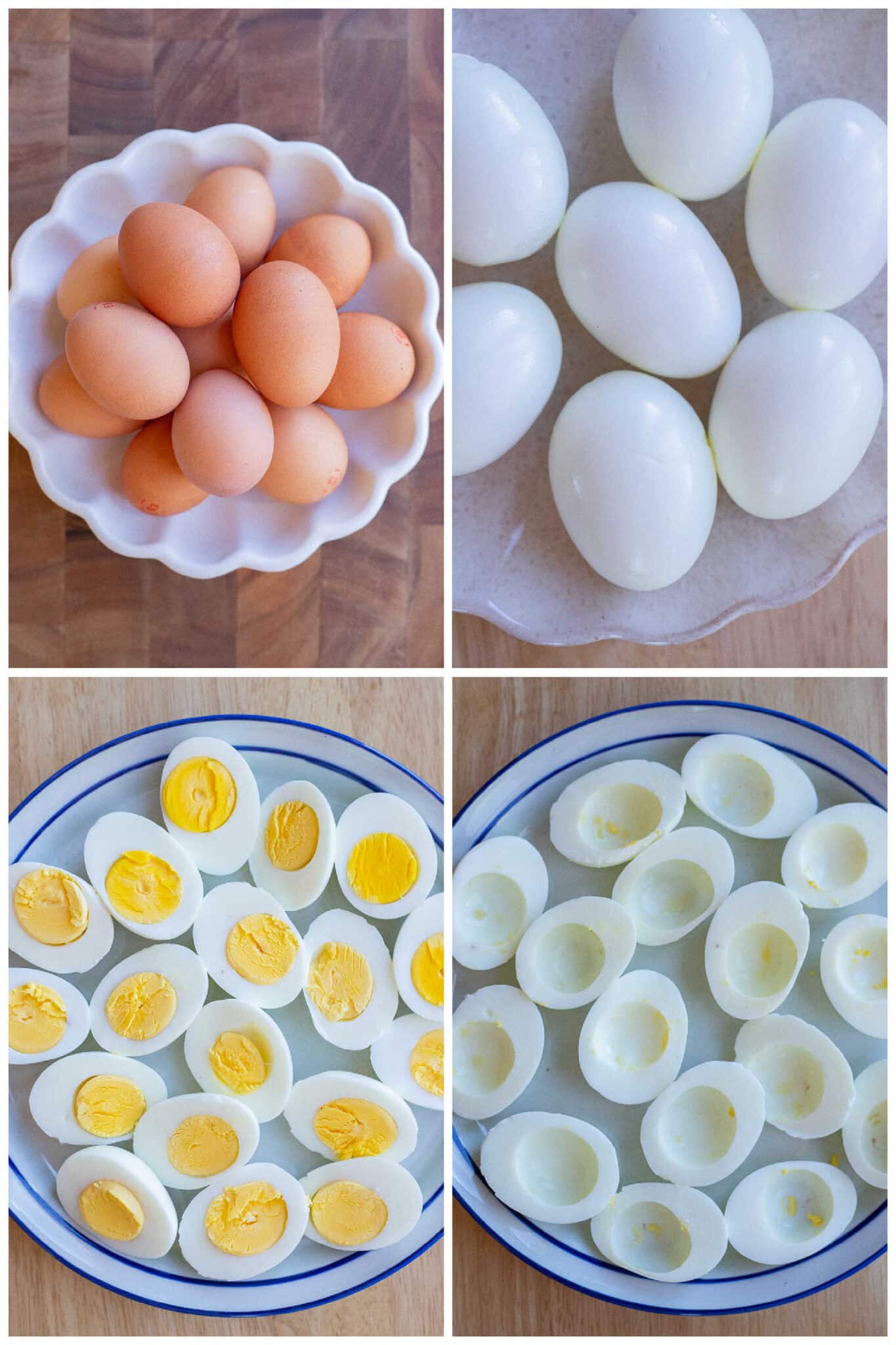 showing how to prepare hard boiled eggs, but them in half and remove the yolks