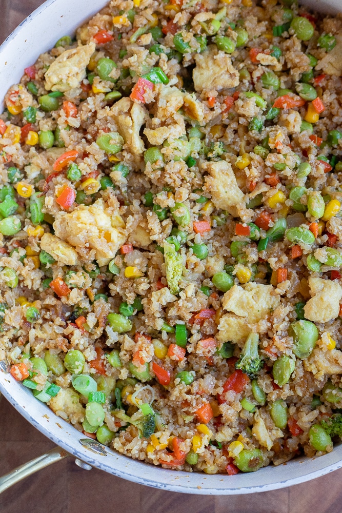 close up of a pan of homemade fried rice
