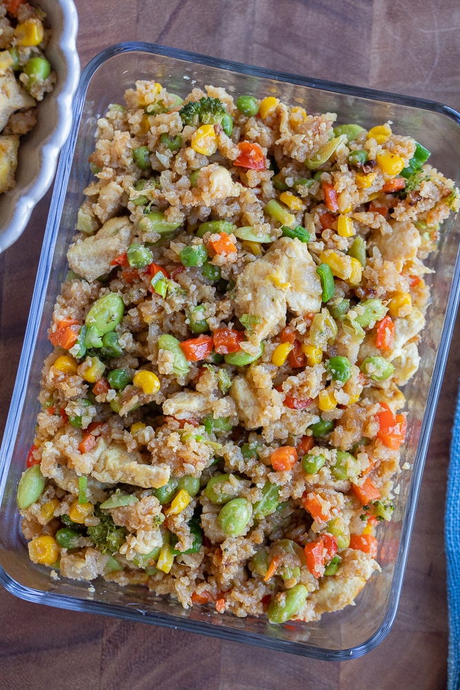 veggie packed fried rice in a meal prep container