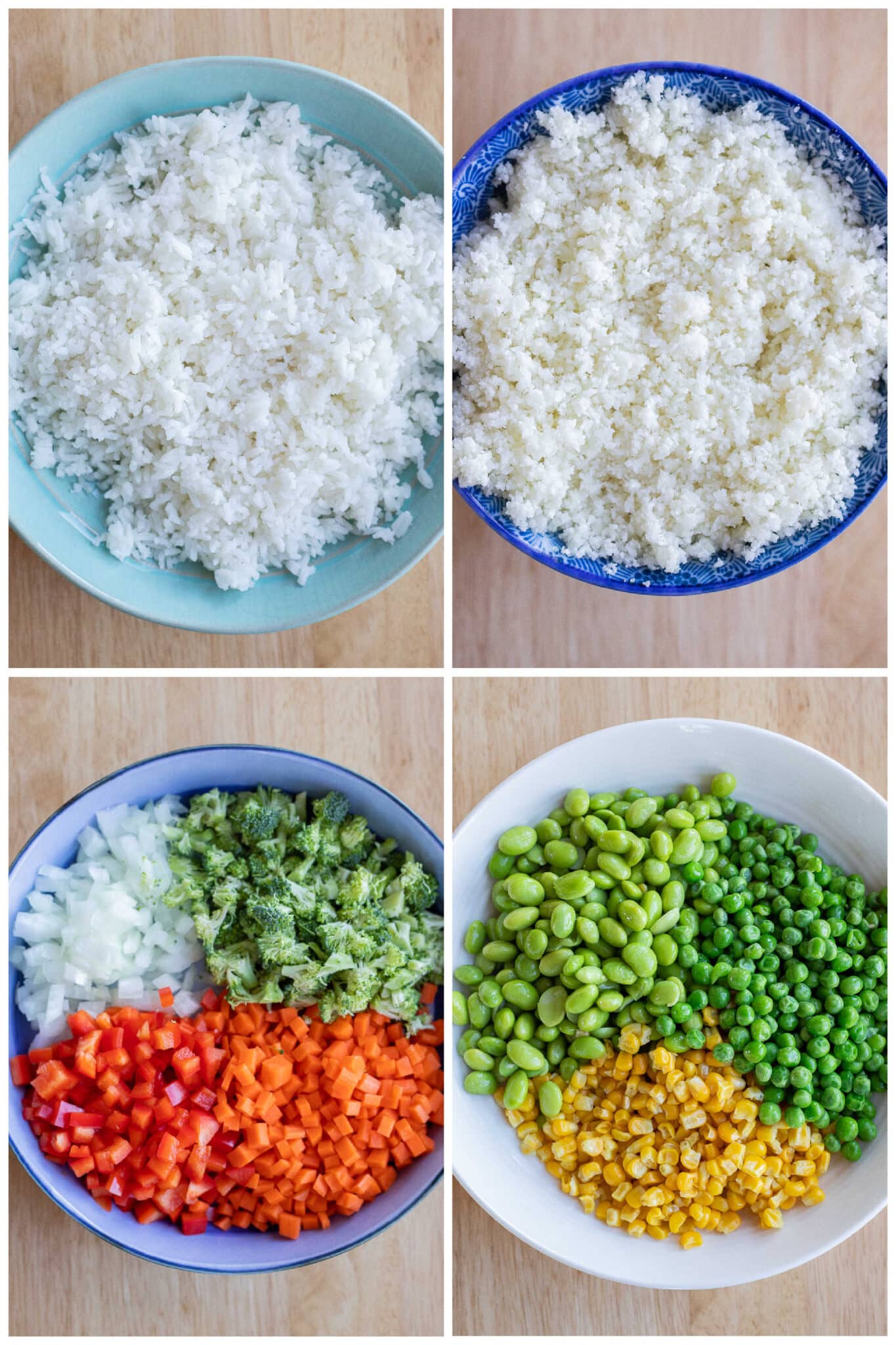 showing the fresh vegetables and white rice used in this vegetable fried rice recipe