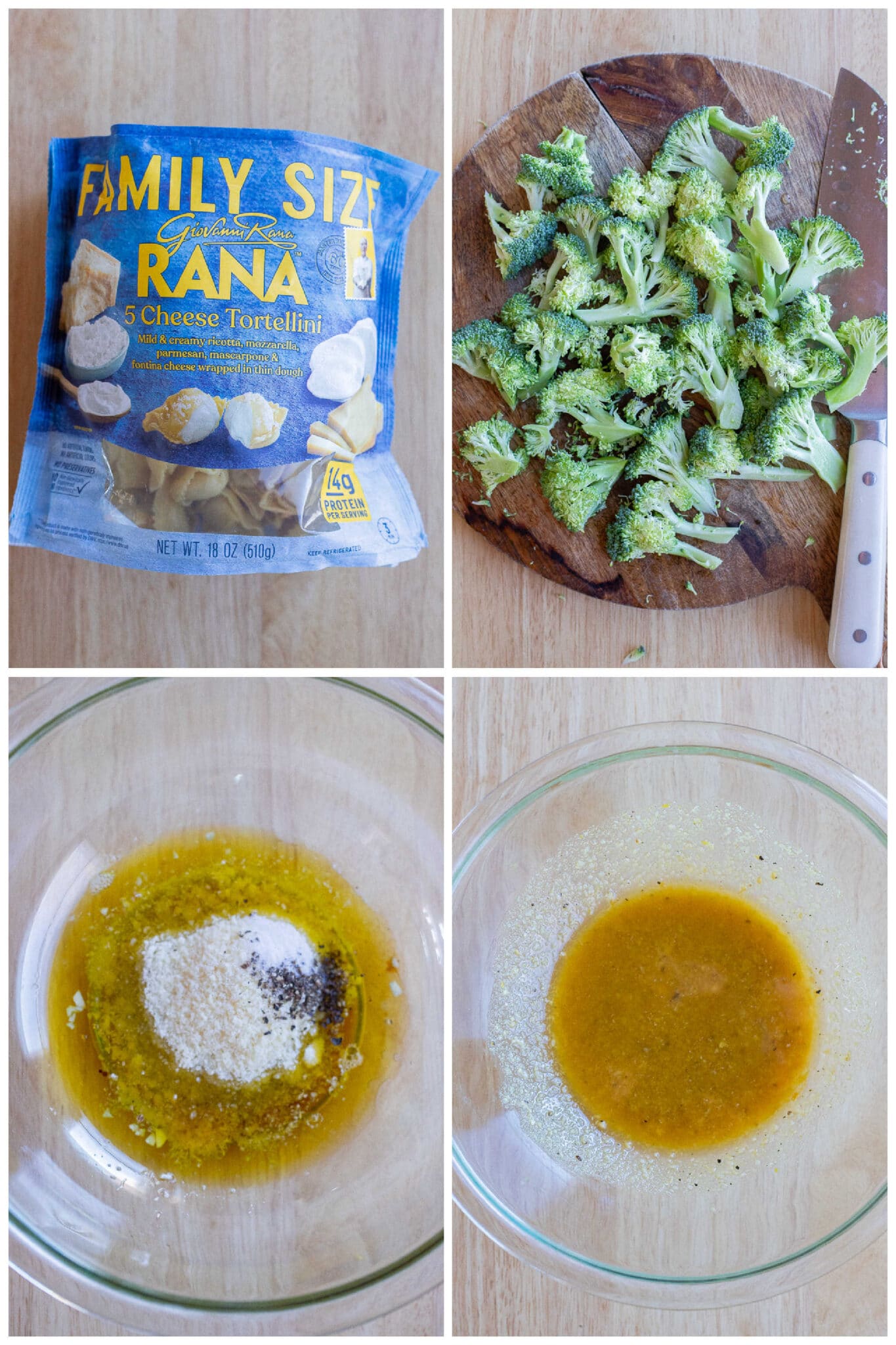 Showing the ingredients needed to make this roasted lemon parmesan tortellini with broccoli