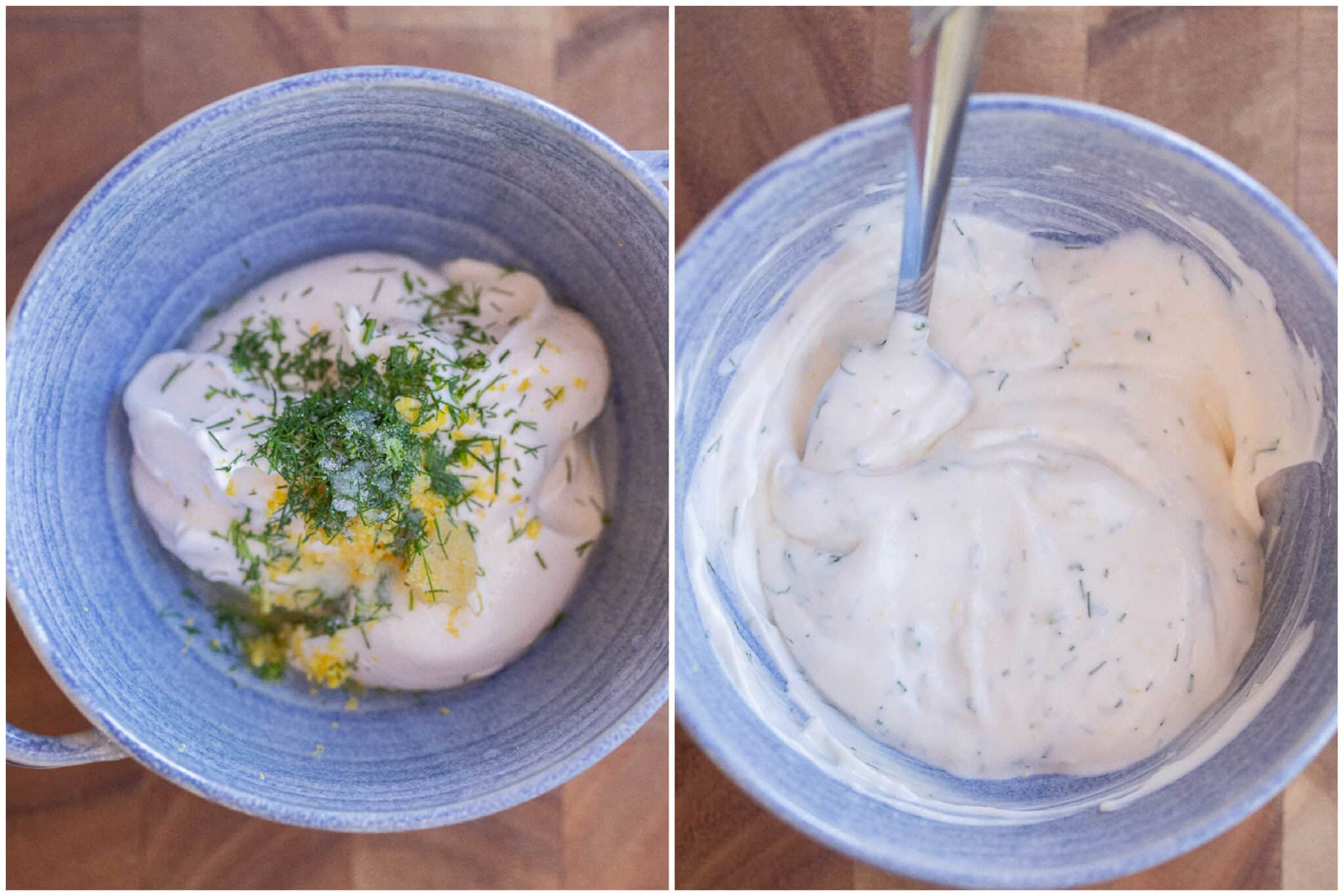 lemon dill mayo before and after it has been mixed up