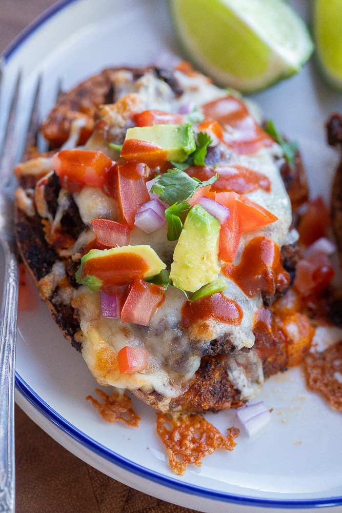 close up of a cheesy roasted sweet potato